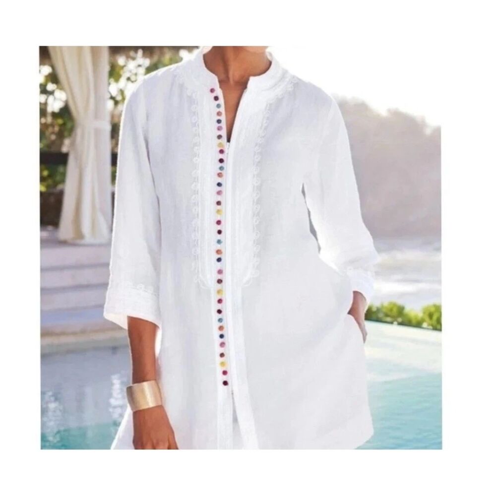 Soft Surrounding Tunic 100% linen Blouse Womens small White Embroidered Linen